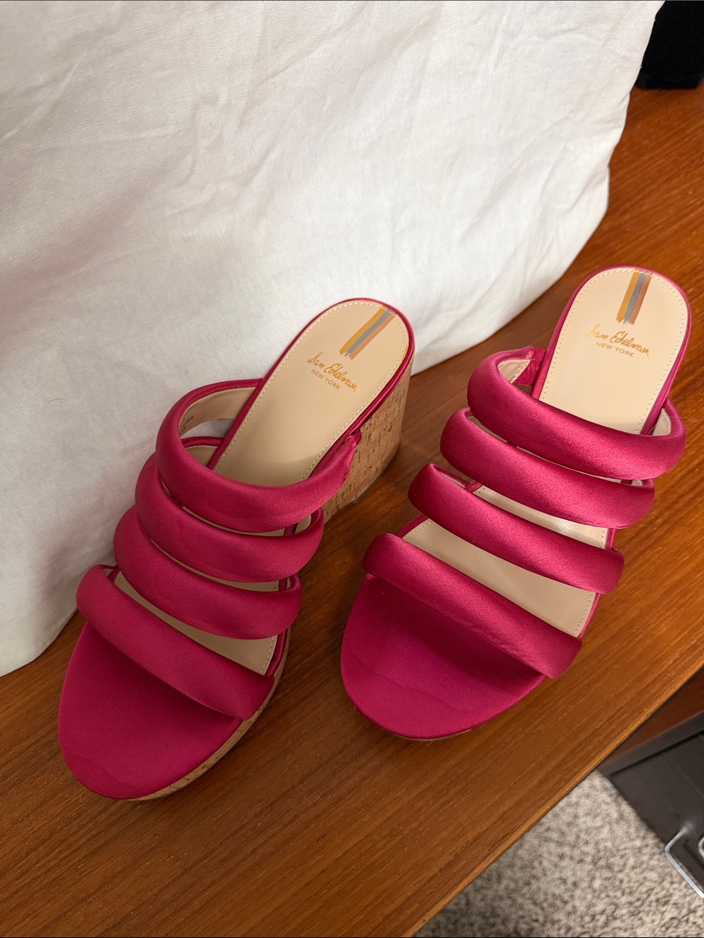 Sam Edelman raspberry Satin Multi-Strap Cork Wedge Sandals - Picture 2 of 5